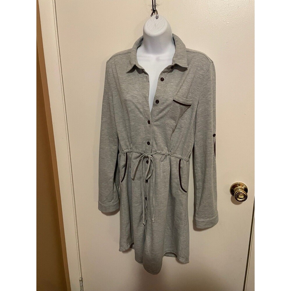 YA Los Angeles Large Long Sleeve Button Up Midi Shirt Dress Top Elbow Patches